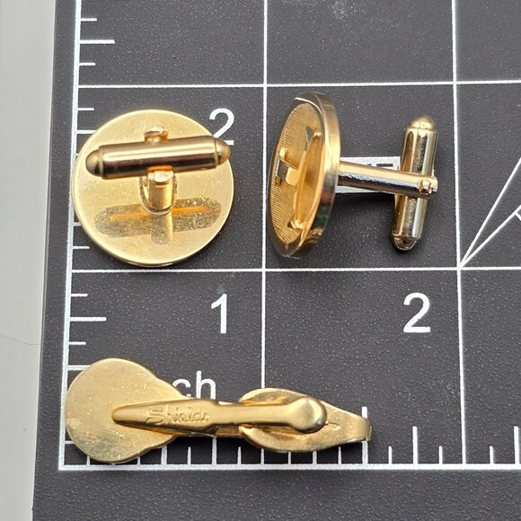VTG Shields Gold Tone Monogram T Cufflinks & Tie Clip Set 1.5" & .75" Textured - Picture 9 of 9